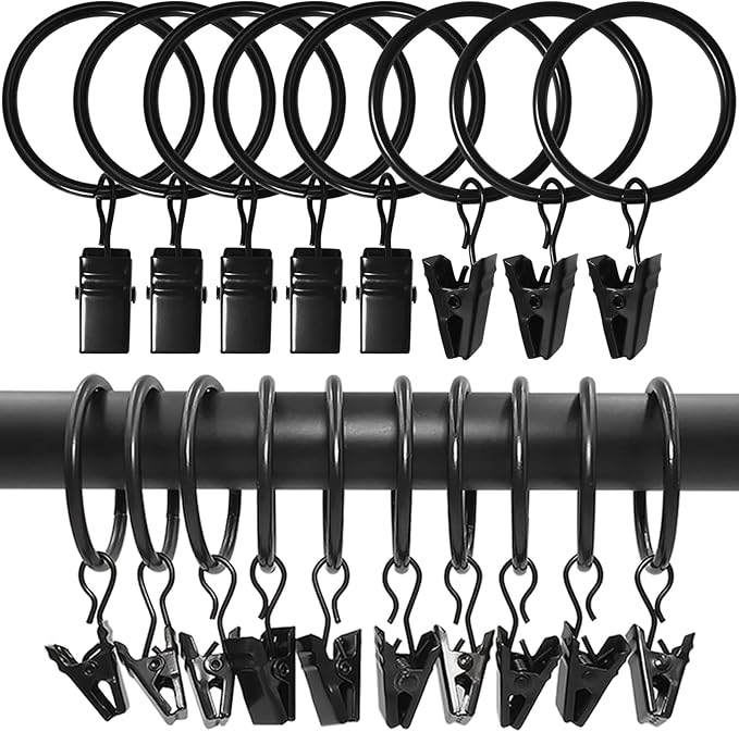 LLPJS 100 Pack Curtain Rings with Clips, Curtain Clip Rings Hooks, Bow Hanger Clips for Hanging Drapery Drapes Bows, Ring 1.26 inch Interior Diameter, Fits up to 1" Rod, Black