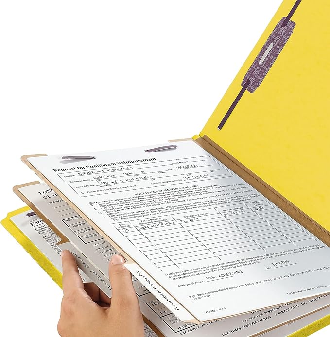 Smead 100% Recycled End Tab Pressboard Classification File Folder with SafeSHIELD Fasteners, 2 Dividers, 2" Expansion, Letter Size, Yellow, 10 per Box (26789)