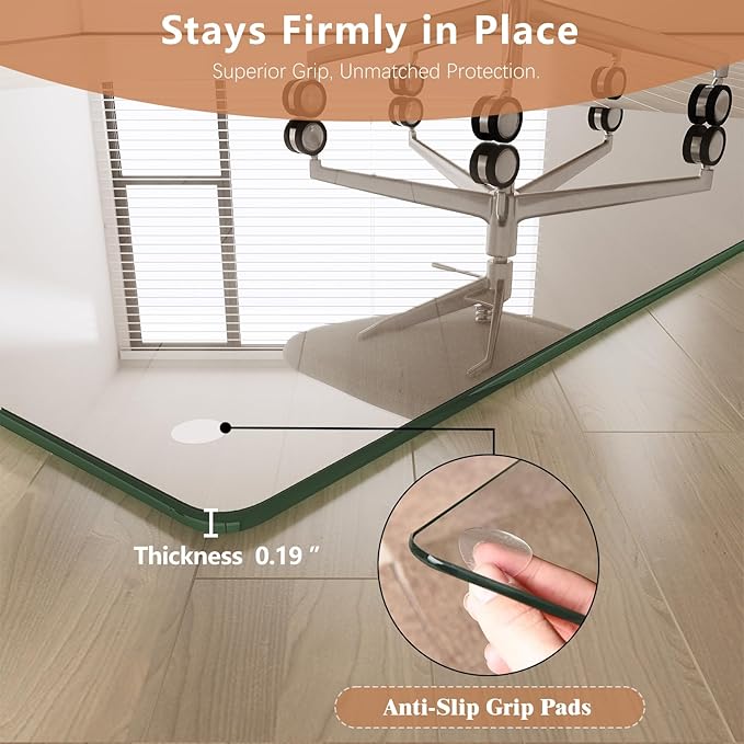 Tempered Glass Chair Mat for Carpet & Hard Floor, 40"x60" Office Chair Mat - Heavy Duty & Scratch Resistant, Non-Slip Pads, Rounded Corners & Polished Edges