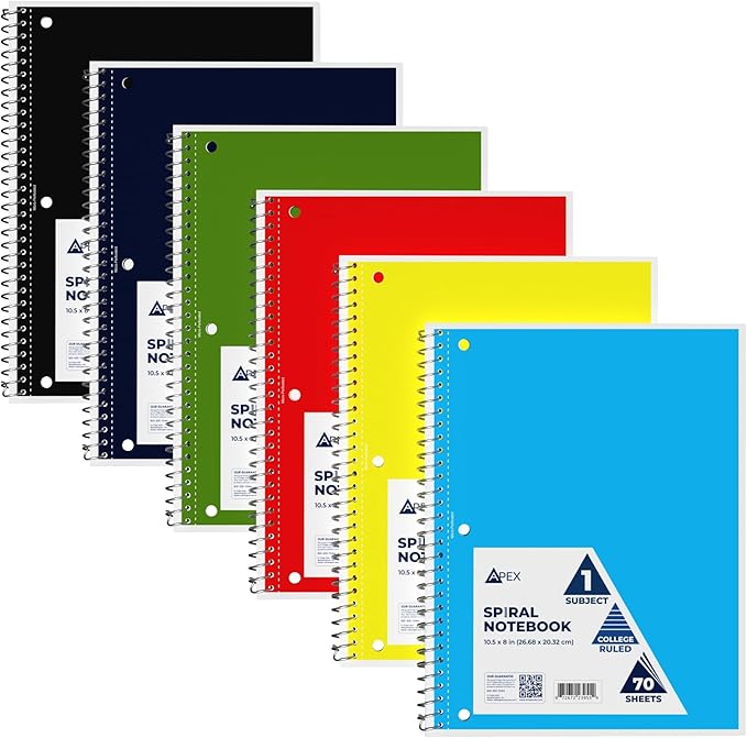 Spiral Notebook College Ruled Notebooks 70 Sheets Single Subject Notebooks Bulk 6 Color Assortment 3 Hole Perforated Sheets (6 Pack College Ruled)