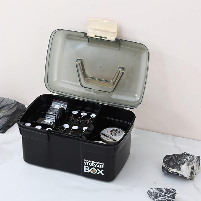 11'' Plastic Box Organizer with Removable Tray, Sewing Organizer, Craft & Art Supply Multipurpose Storage Box for Cosmetic (Black)