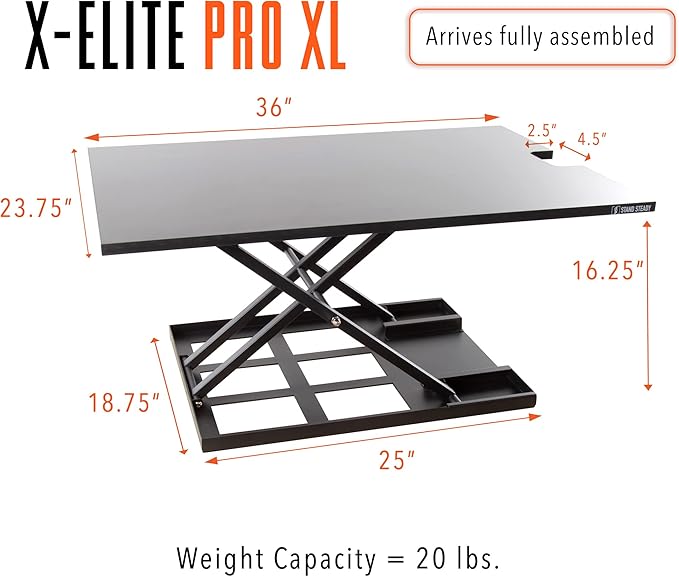 Stand Steady X-Elite Pro XL, Ergonomic Adjustable Height Standing Desk Converter, Extra Large Sit to Stand Laptop Desk Riser, Easily Fits 2 Computer Monitors, Raises Desk Height 7 to 16-inches (Black)