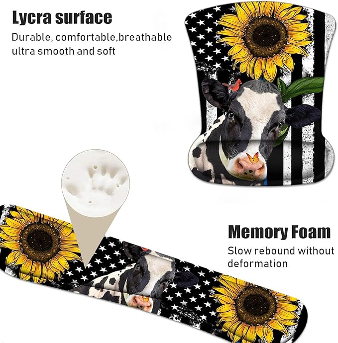Keyboard Wrist Rest and Mouse Pad Wrist Support Set with Coasters, Non-Slip PU Base Ergonomic Mousepad for Computer Laptop Home Office Easy Typing & Pain Relief, American Flag Sunflower and Cow