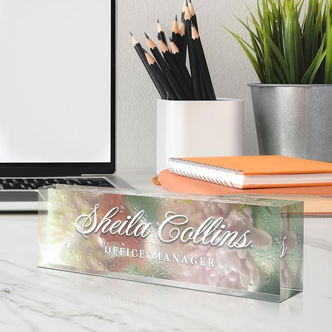 Custom Name Plate - Acrylic Desk Name Plate Personalized, Office Decor, Employee Appreciation Gifts, Funny Office Gifts for Coworkers Boss Teacher (Hazy Flower)