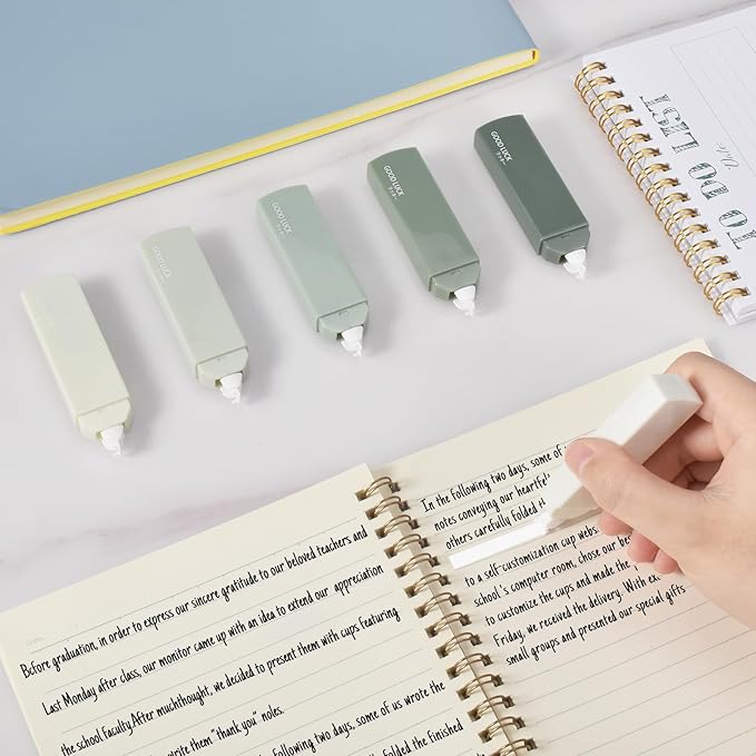 Temiary 6Pcs Mini White Correction Tapes, Quick Dry Smooth Pull Out for Writing, Aesthetic Cute Correction Tape Set Easy To Use for Students School Office Supplies (Green)