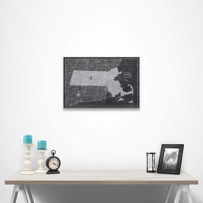 Conquest Maps Push Pin Massachusetts Map Board - With Push Pins to Mark Massachusetts Travels - Handmade in Ohio, USA - Design: Modern Slate