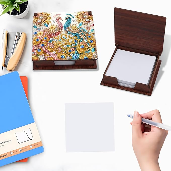 Wooden DIY Red Blue Peacock Diamond Art Notecard Box – DIY Gem Art Sticky Note Holder for Adults 160 Sheets Memo Pad Storage