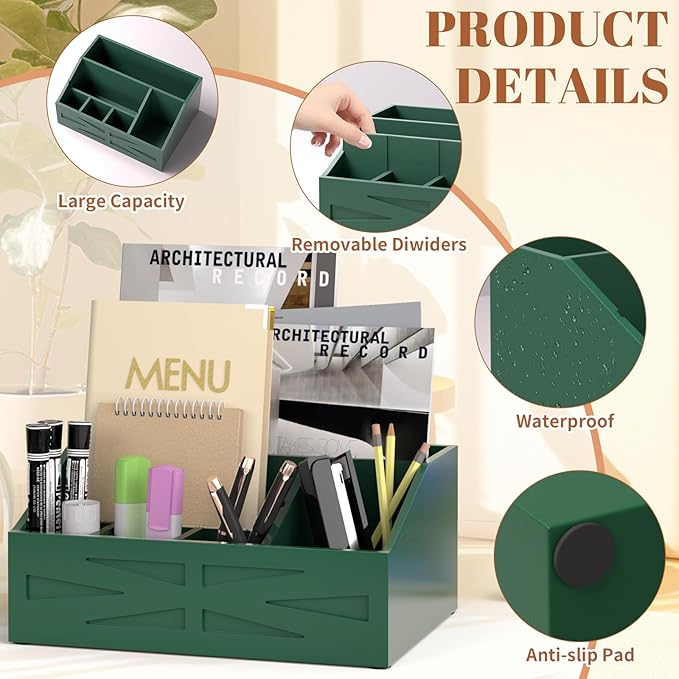 Wood Mail Organizer Countertop,Farmhouse Desk and Kitchen Countertop Storage, Letter Sorter, Desk Mail and Bill Organizer, Desktop File and Paper Holder (Green)