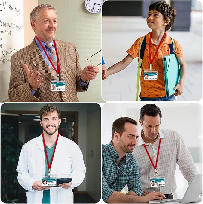 100 Pcs Clear Horizontal Badge Id Card and 100 Pcs Lanyard, Reusable Lanyards for Id Badge Holder Name Tag Badge Holder with Lanyards for Adults Kids Business School Conferences (Red)