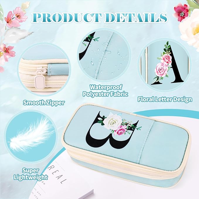 Preppy Pencil Case for Girls, Cute Large Pencil Pouch, Personalized Initial Pencil Bag with Zipper for School College Office Supplies, Back to School Supplies Gifts for Teen Girls (B, Blue)