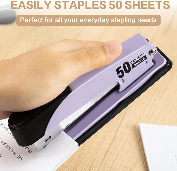 Deli Stapler Heavy Duty, Full Strip Staplers for Desk with 2000 Staples and Staple Remover, 50 Sheet Capacity, No Jam, Non-Slip Office Stapler with Staples for Office, Classroom, Purple