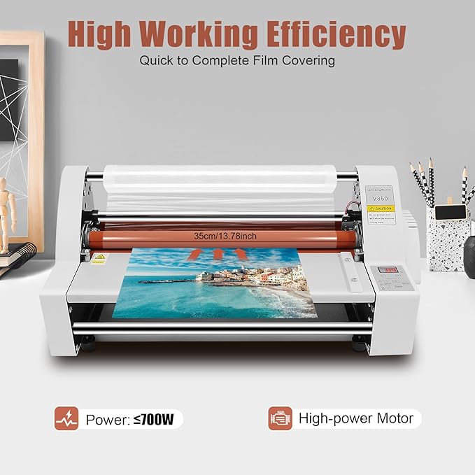 V350 Hot Cold Roll Laminator, 110V Digital Control Thermal Hot Cold Roll Laminator with 2 Heating Modes, Commercial Laminating Machine with Digital Control Panel, Used for Cross-Patterned Films