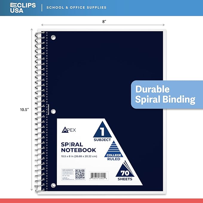 Spiral Notebook College Ruled Notebooks 70 Sheets Single Subject Notebooks Bulk 6 Color Assortment 3 Hole Perforated Sheets (6 Pack College Ruled)