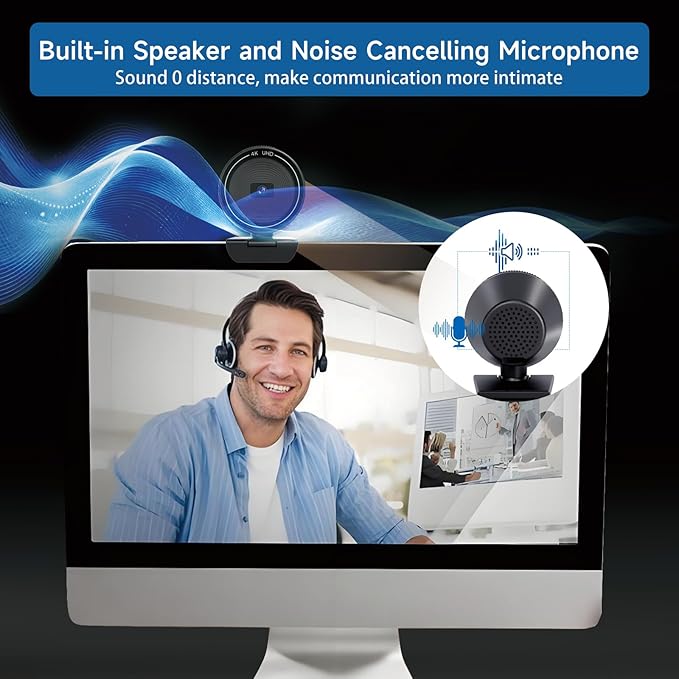Combess 4K Webcam with Speaker & Microphone - 85° Wide Angle Web Camera for PC/Desktop, Auto Focus, Dual Noise Cancelling Mics, Privacy Cover, USB Plug-and-Play