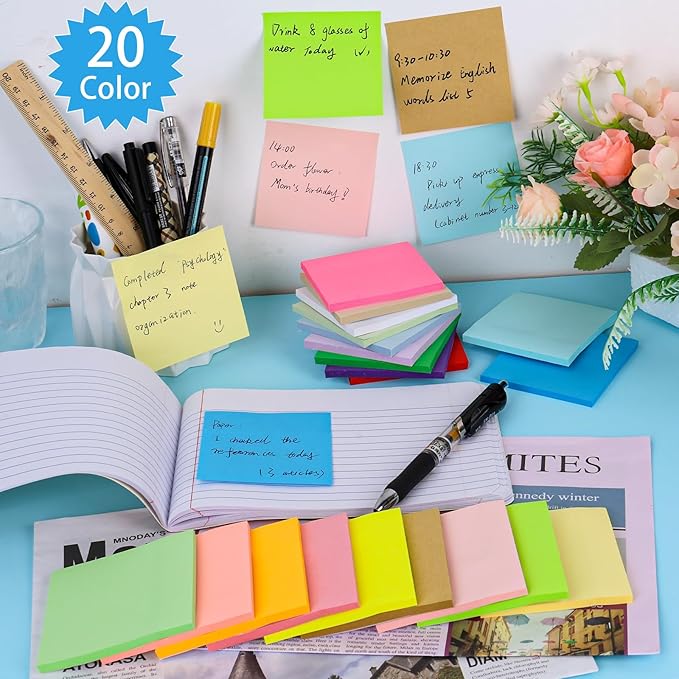 100 Pack Sticky Notes Bulk 3 x 3 in Self-Stick Note Pads Colorful Posted Note in 20 Colors Adhesive Paper Memo 50 Sheets/Pad Easy to Post for Office Home School Meetings Notebook Wall Door Window