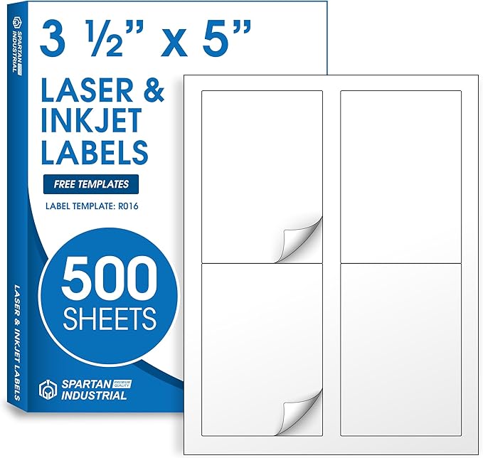 3 1/2" X 5" Matte White Printable Labels for Inkjet and Laser Printers - 500 Sheets, 2000 Custom Stickers for Shipping Labels, Address Stickers, Organization - Spartan Industrial Template R016