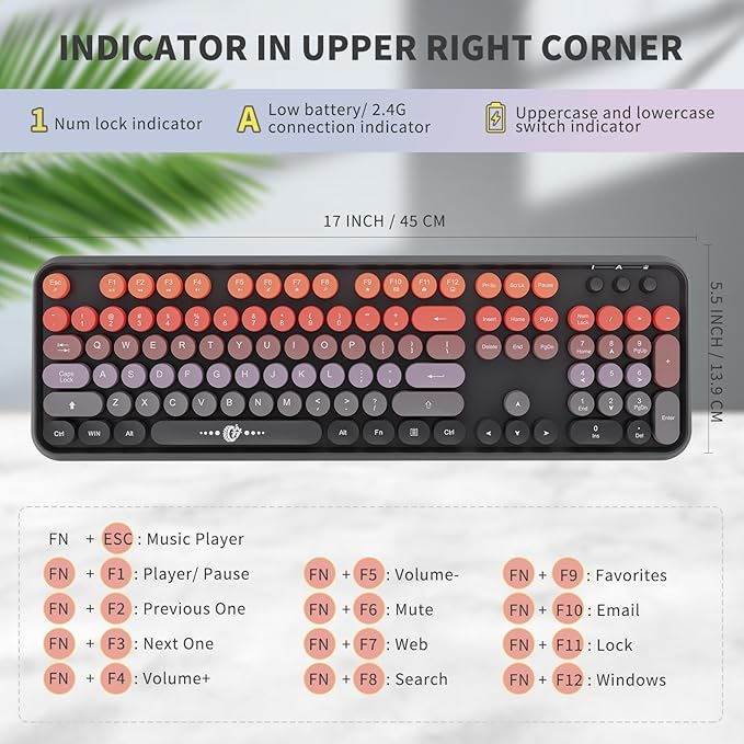 FOPETT Wireless Keyboard and Mouse Combo, 104 Keys Full-Sized 2.4 GHz Round Keycap Colorful Keyboards, USB Receiver Plug and Play, for Windows, Mac, PC, Laptop, Desktop (GradientOrange)