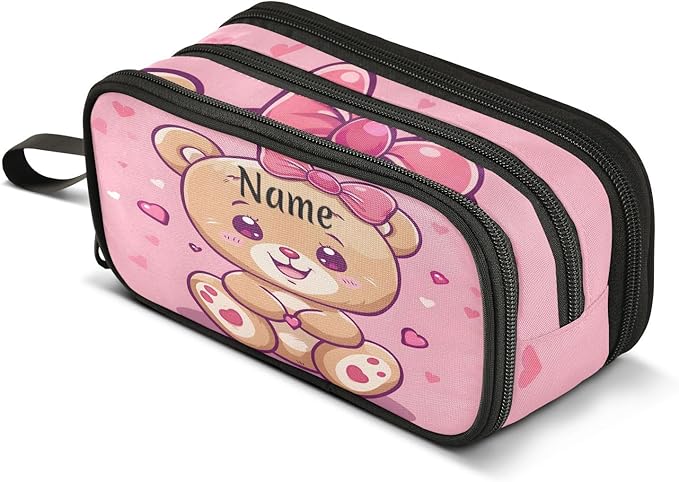 Custom Cute Teddy Bear Pencil Case Box Boys Girls Personalized Name Large Pencil Pouch Stationery Pen Bag Organizer for Kids Adults School Office