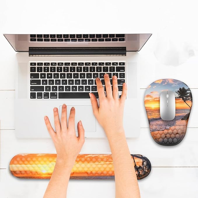 Ergonomic Mouse Pad and Keyboard Wrist Rest with Massage Design, Space-Saving Mouse Pad Wrist Support, Memory Foam Wrist Rest with Non-Slip PU Base for Computer Desk, Beach