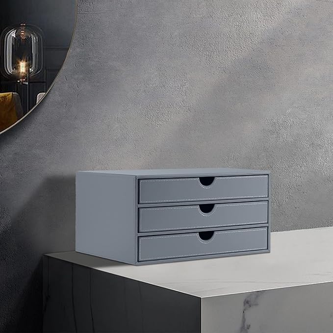 PU Leather Desk Organizer with 3 Drawers,Executive Office Supplies Desktop Filing A4 File Cabinet/Holder for Jewelry/Bill/Paper/Documents/Makeup Home Decor Stationery Storage Box,Grey