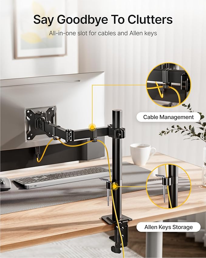 monTEK Single Monitor Stand for 17-32 inches Screen, Fully Adjustable Monitor Arm Desk Mount up to 22lbs Capacity, Computer Mount with C Clamp and Grommet Base, Max VESA 100x100mm