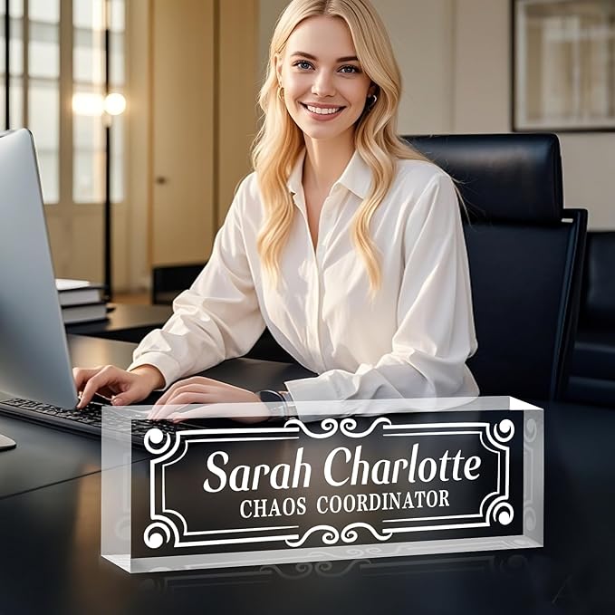 Custom Name Plate for Desk, Personalized Desk Name Plate on Clear Acrylic Glass, Appreciation Gifts for Teacher Employee Boss Coworkers Nurse, Office Desk Accessories for Women Men (Engraved Form)