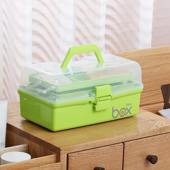 2PCS 12'' Three-Layer Clear Plastic Storage Box/Tool Box, Multipurpose Organizer and Portable Handled Storage Case for Art Craft and Cosmetic (Green)