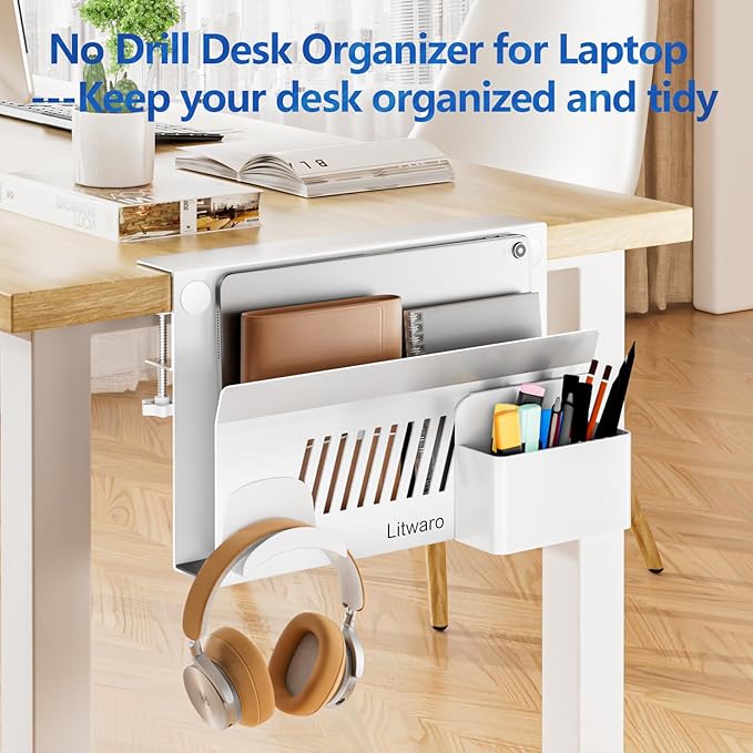 Litwaro Desk Side Storage, No Drill Laptop Holder with Magnetic Pen Holder, Under Desk Laptop Mount with Sticky Headphone Holder, Hanging Desks Organizer Fits Flat Edges 0.4" to 2" (White)