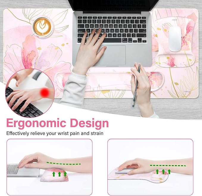 MOSISO Desk Mat Keyboard Mouse Pad Set, Large Gaming Mouse Pad&Keyboard Wrist Rest&Mousepad with Wrist Rest&Coaster, Ergonomic Non-Slip Home Office Mousepad with Memory Foam, Pink