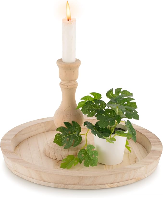 Hanobe Round Wood Decorative Tray: Unfinished Wooden Craft Trays DIY Ottoman Serving Tray Centerpiece Candle Holder Trays for Kitchen Countertop Crafts Art Home Decor Montessori Activity