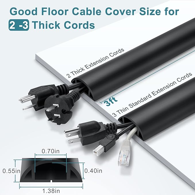 3FT PVC Cord Hider, Black Floor Cord Protector with 0.7 x 0.4 Inch Extension, Soft Wire Covers