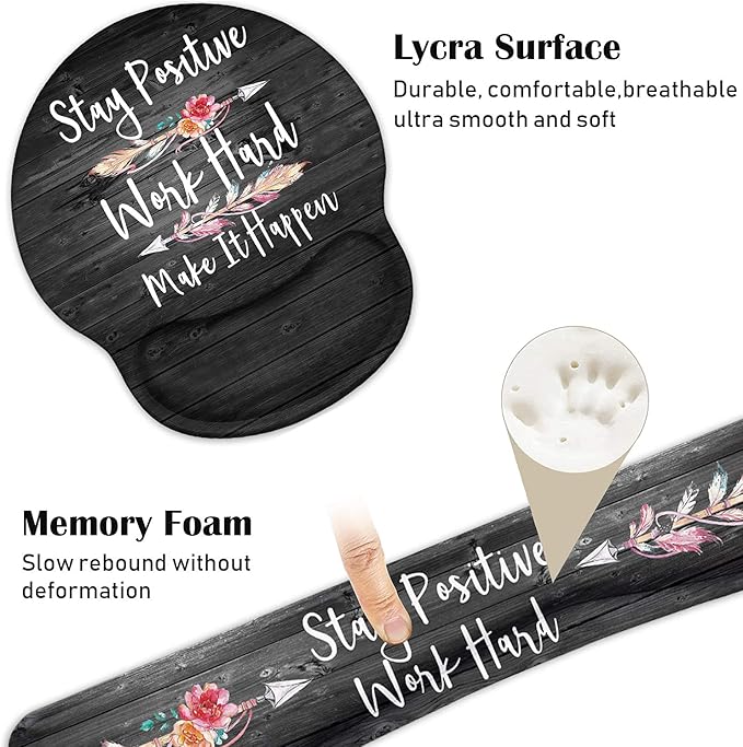 Keyboard Wrist Rest and Mouse Pad Wrist Support Set with Coasters, Stay Positive Work Hard and Make It Happen Inspirational Quote Wrist Mouse Pad with Non-Slip PU Base for Computer Laptop Home Office
