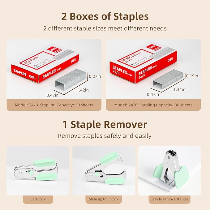 Deli Effortless Desktop Stapler, Heavy Duty Stapler, 40-50 Sheet Capacity, One Finger, No Effort, Includes 1500 Staples & Staple Remover, Green