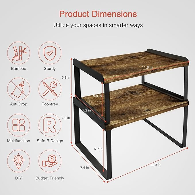 Kitchen Cabinet Organizers and Storage Shelves, Rustic Farmhouse Desk Shelf Riser for Cabinets, Black Expandable Corner Glasses Medicine Cabinet Organizer under Bathroom Sink - Set of 4