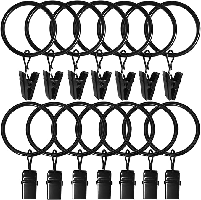 AMZSEVEN 100 Pack Curtain Rings with Clips, Drapery Clips with Rings, Drapes Rings 1.26 in Interior Diameter, Fits up to 1 Inch Curtain Rod, Black