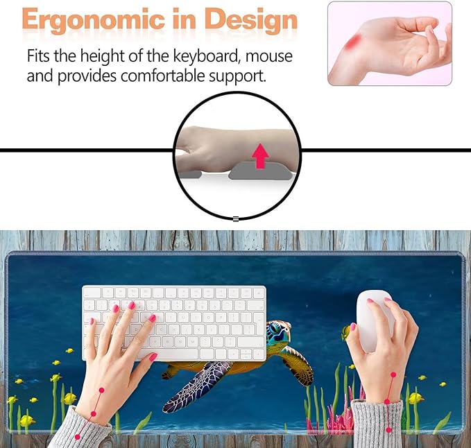 Ergonomic Keyboard Wrist Rest and Mouse Pad Wrist Rest Set, Large XXL Gaming Mousepad 31.5"x 11.8", Memory Foam, Easy Typing Pain Relief, Multifunctional Desk Mat for Office & Home, Sea Turtle