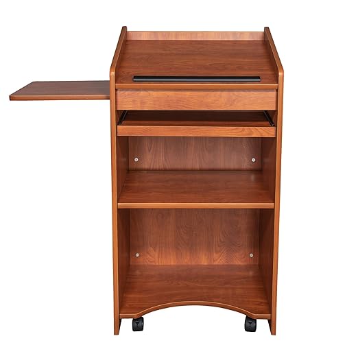 OEF Furnishings Mobile Floor Lectern with Side Shelf And Keyboard Tray, Cherry