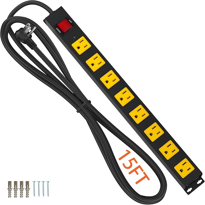 8 Outlet Metal Heavy Duty Long Power Strip, 2100J Surge Protector with 15 FT Extension Cord, Wide Spaced and Wall Mount Powerstrip for Home, Industrial, Workshop & Garage (15FT)