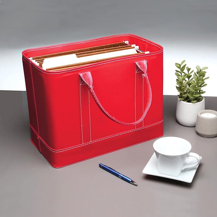 HOME DISTRICT Chic File Organizer Tote - Important Document Organizer Bag, Portable File Box with Handle, Red