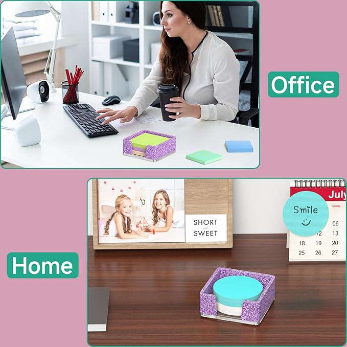 Sticky Note Holder, Glitter Purple Acrylic Notepad Holder 3x3 in Self-Stick Note Dispenser Office Desk Accessories, Memo Pad Holder Organizer for Classroom School Supplies