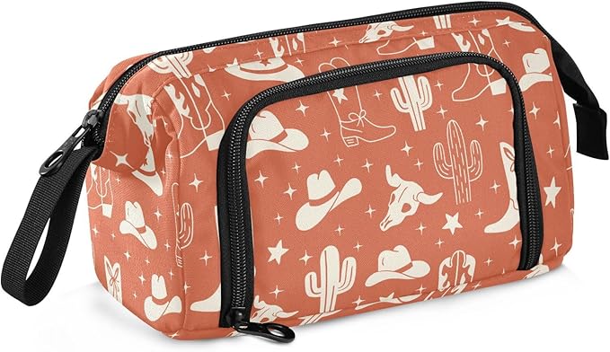 Western Cowboy Orange Pencil Case Pouch Big Capacity Pencil Bag Box Organizer Pen Case with Zipper Pencil Boxes for Boys Girls Kids Women School College