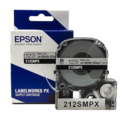 Epson LABELWORKS 212SMPX Genuine PET (Polyester) Tape Cartridge - Black on Silver Matte Label Maker Tape - 1/2" (12MM) Wide, 30'