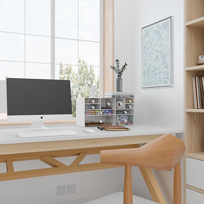 ‌Yashong Desk Organizer Set, White & Clear Stackable Dustproof Storage Boxes for Desktop, Office, DIY Craft & Vertical Space Saving, Perfect for Makeup, Stationery, Jewelry Organization