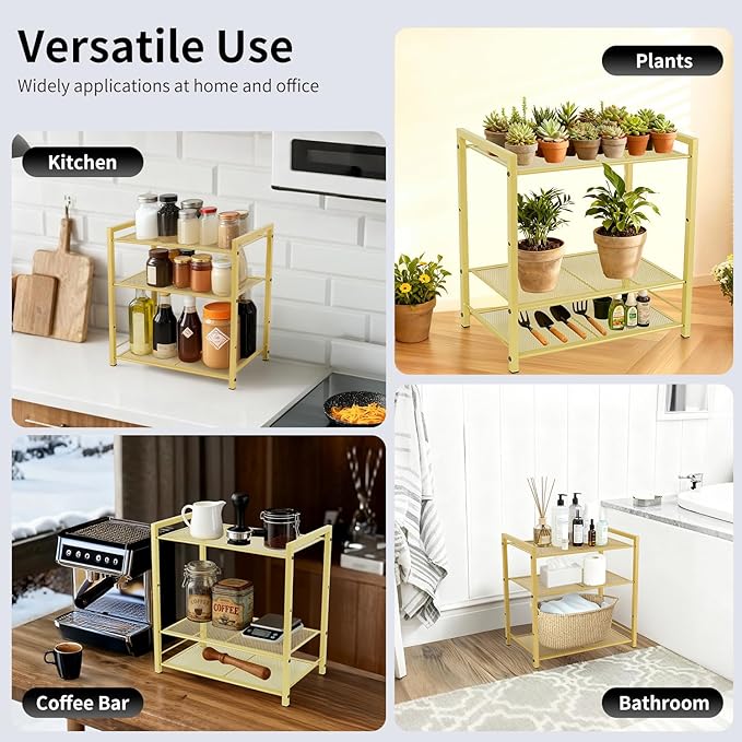 Desktop Shelf Organizer, 3-Tier Office Storage Rack, Adjustable Metal Bookshelf for Top of Desk, Desk Organizer for Office, Home, Dorm and Small Spaces (Gold)