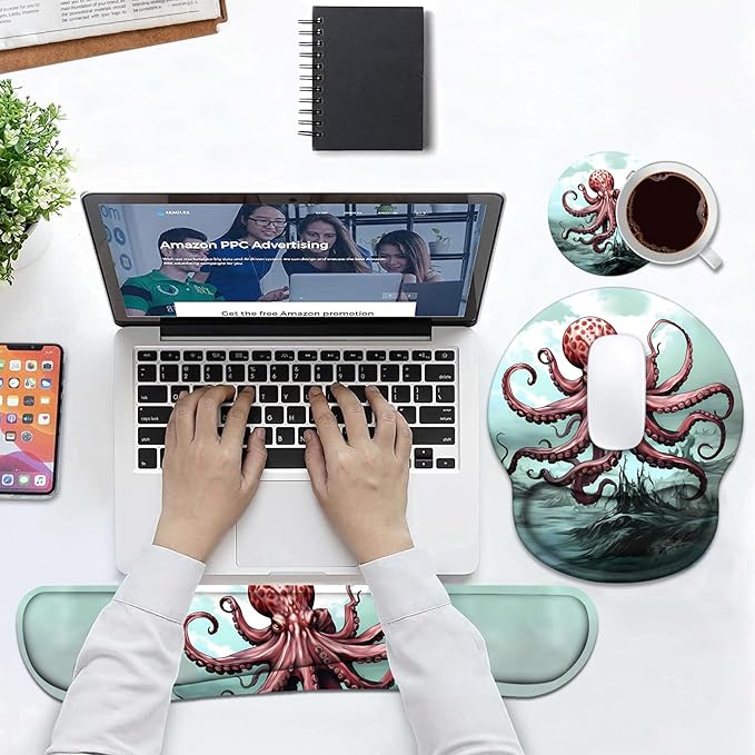 Keyboard Wrist Rest and Mouse Pad Wrist Support Set with Coasters, Non-Slip PU Base Ergonomic Gaming Mousepad for Home Office Working Studying Easy Typing & Pain Relief - Red Octopus