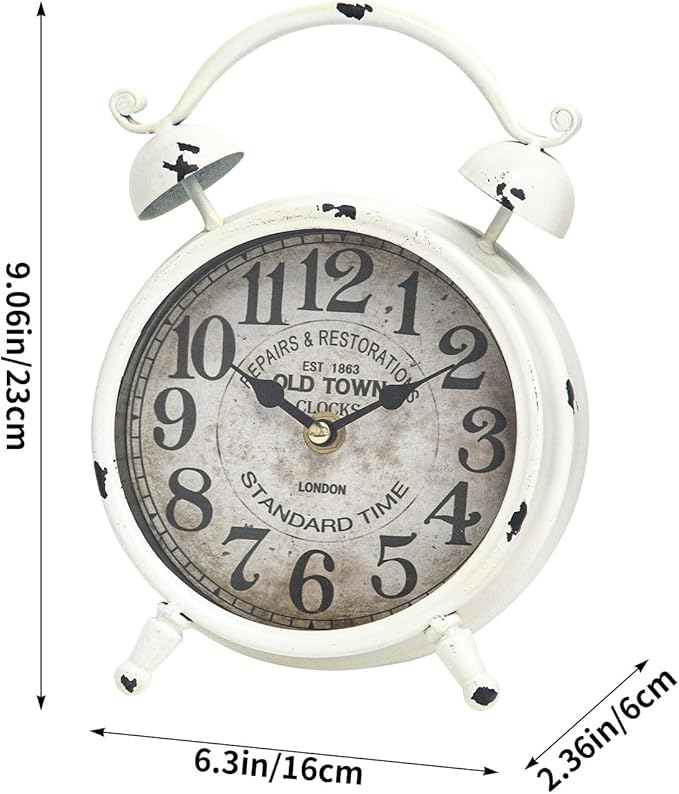 Vintage White Desk Clock with Distressed Finish, Rustic Farmhouse Table Clock, Silent Non-Ticking Mantel Clock for Bedroom, Living Room, or Shelf, Battery Operated