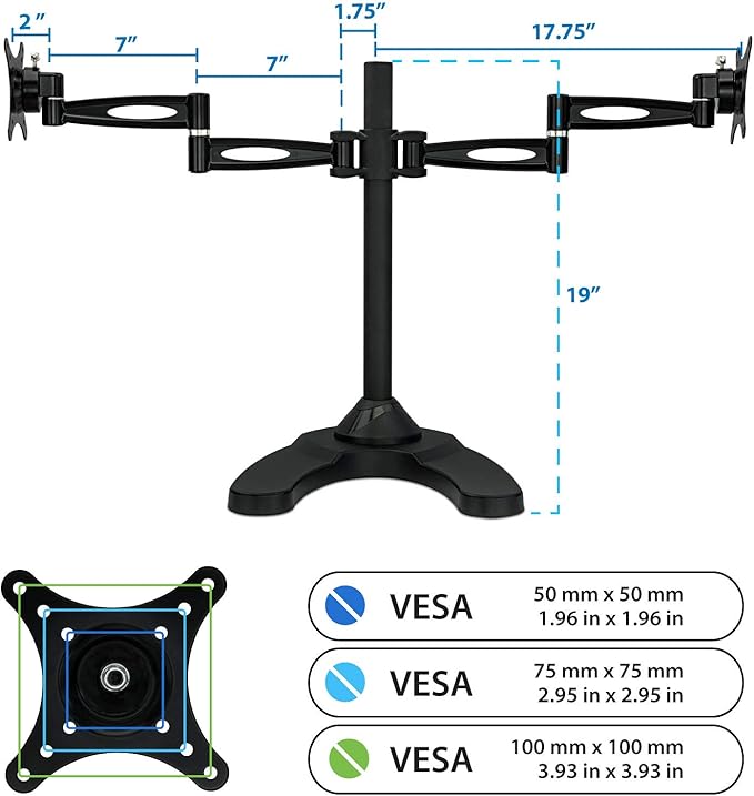 Mount-It! Free Standing Dual Monitor Stand | Double Arm Desk Mount Fits Two x 21 24 27 Inch Computer Screens | 2 Heavy Duty Full Motion Adjustable Arms | VESA 75 100 Compatible | Grommet Base Included