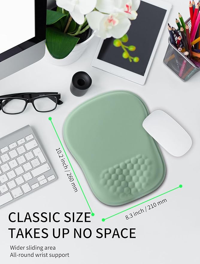 Hokafenle Ergonomic Wrist-Hugging Mouse Pad Wrist Support, U-Shaped Holding Wrist Rest Mousepad for Carpal Tunnel Pain Relief with Cushioned Memory Foam Slope Massage Bulge (10.2x8.3 in,Light Green)