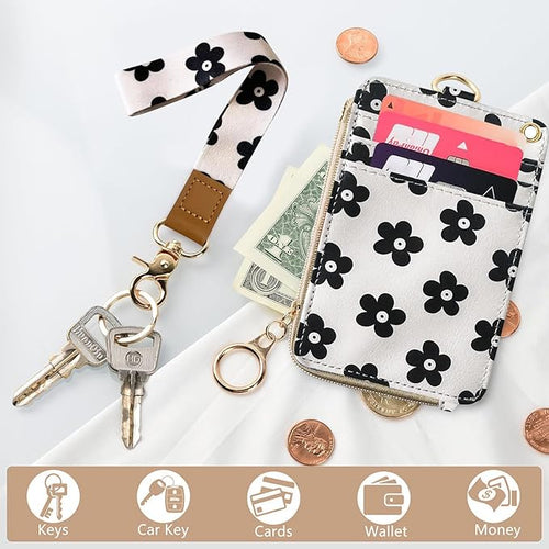 2-in-1 ID Badge Holder & Lanyard Wallet for Womens Cute Black Flower Leather Zip ID Case Wallet with Breakaway Wrist & Neck Lanyard, Clear Window, 5 Card Slots, Ring Keychain for Worker Teacher Nurse