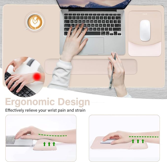 MOSISO Keyboard Mouse Pad Set, Large Gaming Mouse Pad&Rectangular Keyboard Wrist Rest&Mousepad with Wrist Rest&Coaster, Ergonomic Non-Slip&Easy Typing Pad with Curved Silicone Lining, Apricot